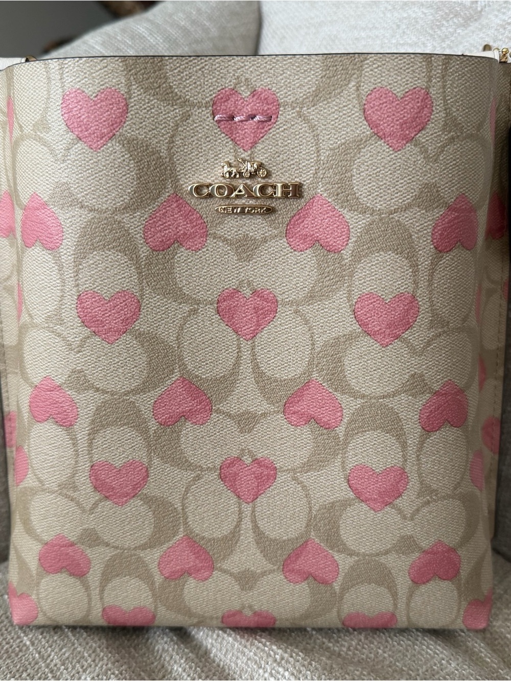 Coach Beige Signature Crossbody with Pink Heart Print - Picture 1 of 12